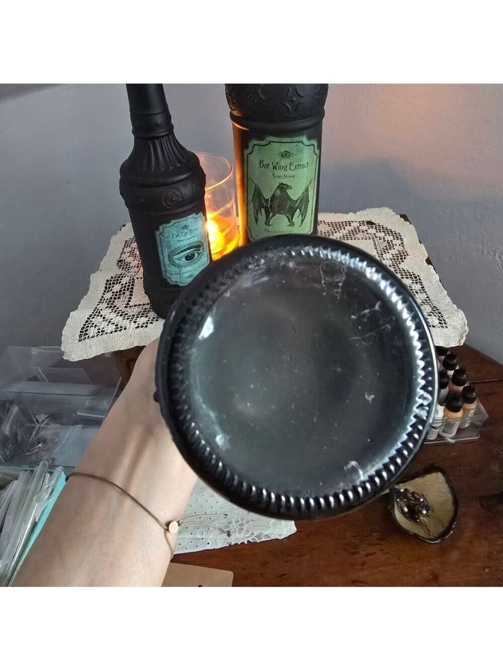 Three Black Glass Gothic Witch Tincture Potion Bottles With Skull Cork Stoppers - Picture 10 of 12